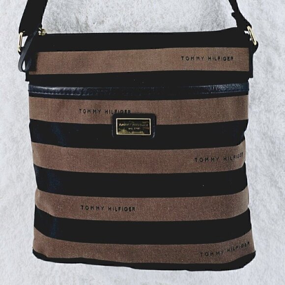 Tommy Hilfiger Brown and Black Striped Sateen Twill Fabric Crossbody - Picture 15 of 15
